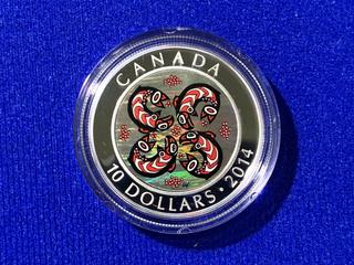 2014 Canada Ten Dollar .9999 Fine Silver Colour Printed/Holographic Coin, "First Nations Art: Salmon" c/w Display Case.