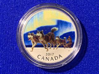 2017 Canada Ten Dollar .9999 Fine Silver Colour Printed Coin, "Dog Sledding Under The Northern Lights" c/w Display Case.