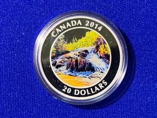 2014 Canada Twenty Dollar .9999 Fine Silver Colour Printed Coin, "River Rapids" c/w Display Case.