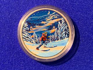 2017 Canada Fifteen Dollar .9999 Fine Silver Colour Printed Coin, "Night Skiing" c/w Display Case.