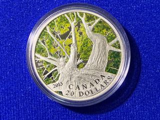 2013 Canada Twenty Dollar .9999 Fine Silver Colour Printed Coin, "Maple Canopy: Spring" c/w Display Case.