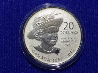 2012 Canada Twenty Dollar .9999 Fine Silver Coin, "Elizabeth II".