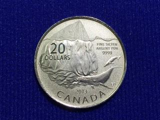 2013 Canada Twenty Dollar .9999 Fine Silver Coin, "Blue Whales".