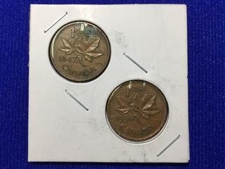 1947 Canada One Cent Bronze Coin, "George VI", 1956 Canada One Cent Coin, "Elizabeth II".