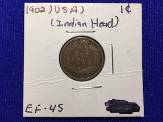 1902 United States One Cent Bronze Coin, "Indian Head".