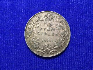 1934 Canada Twenty-Five Cent .800 Silver Coin, "George V".