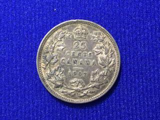 1902 Canada Twenty-Five Cent .925 Silver Coin, "Edward VII".