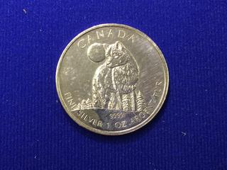 2011 Canada Five Dollar One Ounce .9999 Fine Silver Coin, "Timber Wolf".