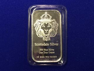 Scottsdale Silver One Troy Ounce .999 Fine Silver Bar, "In God We Trust".