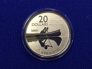 2011 Canada Twenty Dollar .9999 Fine Silver Coin, "Canoe".