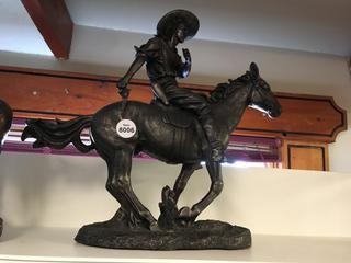 Cowboy Riding Horse Statue, ~ 22" Wide x 20" Tall.