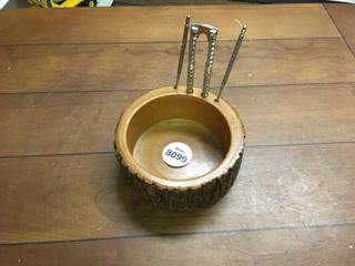 Wooden Nut Bowl with Cracker and Picks.