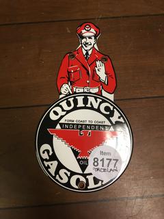 Porcelain Quincy Gasoline Sign, 8 1/3 x 4 1/2".