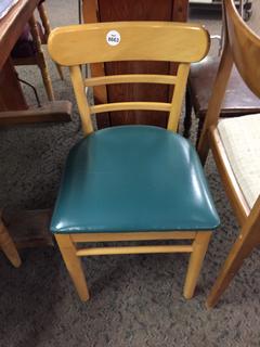 Wood Chair with Blue Seat.