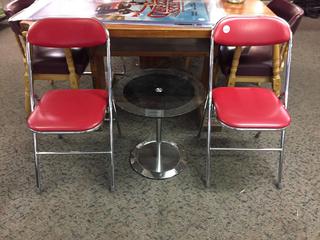 (2) Red Folding Chairs & Glass Side Table.