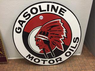 Porcelain Double Sided Red Indian Gasoline Motor Oils Sign, 30" Diameter.