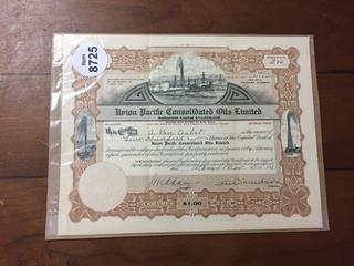 Union Pacific Consolidated Oils Limited Certificate of 200 Shares, Nov, 10, 1914.