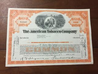 The American Tobacco Company Certificate of 100 Shares Sold to Mertz & Moyer Wilmington Trust April, 6, 1962.