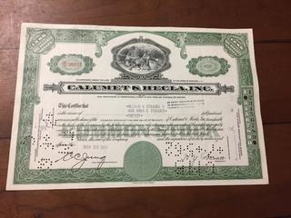 Calumet & Hecla, Inc. Certificate of 20 Shares sold to Melvin W Strader & Mrs. Anna E Strader Nov, 23, 1959.