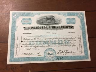 Westinghouse Air Brake Company Certificate of 100 Shares Sold To Steere & Company Aug, 20, 1951/