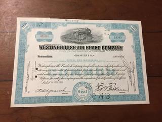 Westinghouse Air Brake Company Certificate of 100 Shares Sold to Dean Witter & Co Feb, 26, 1953.