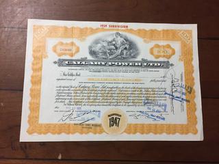 Calgary Power Certificate of 100 Shares Sold To Robert Dunbar Guy Nov, 30, 1959.