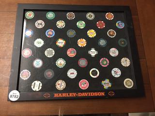 Large Harley Davidson Poker Chip Collectors Frame, With Poker Chips.