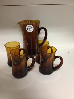 Brown Glass Pitcher & (4) Cups.