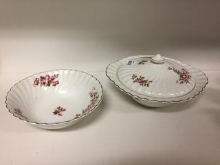 Bowl and Dish White with Painted Flowers.