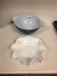 Blue Pyrex Dish 7 1/2", & White Shell Shaped Candy Dish.