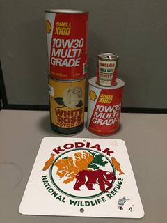 (4) Oil Cans & Kodiak Sign.