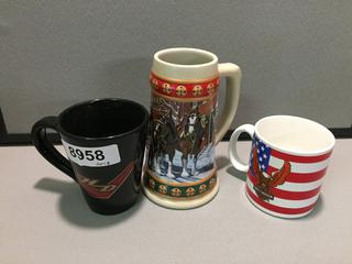 Budweiser Holiday Collection Stein & (2) Harley Davidson Mugs.