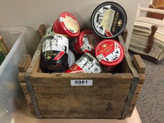 Wooden Crate 13 1/2 x 15 x 10 1/2" & Quantity of Tobacco Tins.