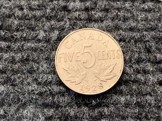 1928 Canada Five Cent Coin.