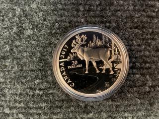 2017 Canada Twenty Dollar .9999 Fine Silver "Woodland Caribou" Coin c/w Display Case.