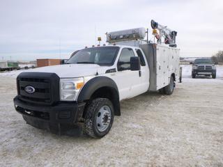 2013 Ford F-550 Super Duty 4X4 Service Truck c/w 6.8L V8, A/C, Leather/Cloth, Showing 169,497 Kms, 225/70R19.5 Tires, GVWR 8,165 KG, 186 In. W/B, Spring Susp, Cobra 5500 Maxilift, 3 Ton Block w/ Hook, 3 Section Boom, Fuel Tank, Air Compressor, Van Air Air N Arc 300, Showing 1,846 Hours, Boden Fabrication Service Body, Rear Bench Vise, Air Compressor, Hose and Reel, Crane Remote, waste oil evac system with pump and holding tank VIN 1FD0X5HY6DEB65977 *Note: Hood Latch Bent*