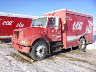 1995 International 4700 4X2 Beverage Truck c/w DT 466, A/T, A/C, Showing 183,356 Miles, 188 In. W/B, 295/75R22.5 Front Tires, 275/80R22.5 Rear Tires, Hackney and Sons 6 Bay Body, SN 95M0247, Safety Vison Back Up Camera, CVIP 03/21 VIN 1HTSCAAMXSH214766 *Note: Drive Shaft Disengaged, No Start, No oil In Engine, Trademark Logo Will Be Covered up/Removed* (Dead Row)