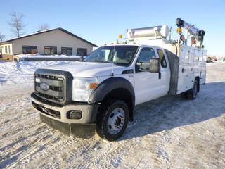 2013 Ford F-550 4X4 Service Truck c/w 6.8L V8, A/T, A/C, Showing 180,207 Kms, 225/70R19.5 Tires, Maxilift Cobra 5500 Crane, SN 22509, 3 Section Boom, 3 Ton Block w/ Hook, Van Air Air n Arc All In One Power System, Showing 1,503 Hours, 120V/240V, Air Hose and Reel, 800 Watt Westward Power Inverter, Boden Manufacturing Service Body, Air Comp Tank, Rear Bench Vice, Rear Hitch, waste oil evac system with pump and holding tank VIN 1FD0X5HY8DEB65978 *Note: Check Engine Light On, No Crane Remote*