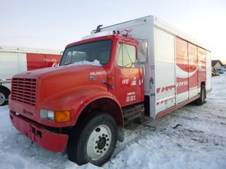 1999 International 4900 4X2 Beverage Truck c/w DT 466E, 6 Speed Eaton Fuller, Showing 392,894 Kms, A/C, GVWR 14,922 KG, Spring Susp, 278 In. W/B, Parco-Hesse 10 Bay Body, SN KP5555, Safety Vison Back Up Camera, CVIP 01/2021, VIN 1HTSDAAN0XH643850 *Note: No Start, Running Condition Unknown, Trademark Logo Will Be Covered up/Removed* (Dead Row)