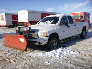 2003 Dodge Ram 2500 4X4 Crew Cab c/w Cummins ISB 305 24V Turbo Diesel, A/T, A/C, GVWR 4,083 KG, 255/70R17 Front Tires, 265/70R17 Rear Tires, Ultra Mount Snow Plow Mounting System, 90 In. Western Mid Weight Plow Blade, VIN 3D7KU28C33G837256 *Note: Parts Only, Missing Engine Parts, No Tailgate, Rear Door Handle Broken, No Outside Hood Latch, Rust, Mirrors/Tail Light Broken* (Dead Row)