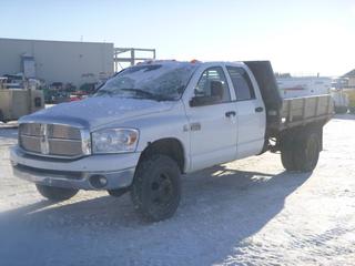 2007 Dodge 3500 4X4 Flat Deck Truck c/w 6.7L Cummins Turbo Diesel, 6 Speed, A/C, Showing 271,311 Kms, 8 Ft. Deck w/ Removal Side, Dually 235/80R17 Tires, VIN 3D7MX48A57G823231 *Note: No Start, ECM Needs Replacing As Per Owner* (Dead Row)