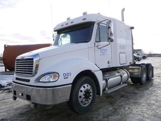 2006 Freightliner Columbia Highway Tractor c/w Mercedes Benz OM460 Diesel Engine, 8LL Manual Transmission, A/C, Showing 1,444,821 Kms, GVWR 23,587 KG, 219 In. W/B, 11R22.5 Tires At 60%, Front Axle Rating 5,443 KG, Rear Axle Rating 9,072 KG, Spring Susp, Air Ride, PTO, A/S Fifth Wheel Hitch, VIN 1FUJA6CV86LU16244 *Note: Starts With Boost*