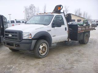 2005 Ford F-450 4X4 Picker Truck c/w Power Stroke V8 Diesel, A/T, A/C, Showing 393,707 Kms, 225/70R19.5 Dually Tires, Spring Susp, 163 In. W/B, 2004 Hiab 035-2 Crane, 2,300 KG, SN 80333, 3 Section Boom, 9 Ft 3 In. Deck, VIN 1FDXF47P05EA15871 *Note: No Start, Passenger Mirror Damaged, Requires Repair As Per Owner, Picker Running Condition Unknown*