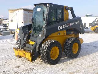 2018 John Deere 332G Skid Steer c/w Yanmar, Cab, A/C, Heater, Joystick, Aux Hyd, Showing 1,084 Hours, Back Up Camera, 2 Speed, Stereo, QC, 14x17.5 Tires At 90%, SN 1T0332GKHJE330319