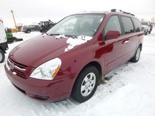 2008 Kia Sedona c/w 3.8L V6, 250 HP, A/T, A/C, Showing 223,419 Kms, GVWR 1,360 KG, 225/70R16 Tires, VIN KNDMB233886268882 *Note: Check Engine Light On, Missing 3 Row Seats, Transmission Shifting Issues 3rd Gear and Up*