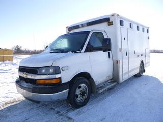 2012 Chevrolet G33803 Ambulance c/w 6.0L Vortec V8, A/C, Showing 308,850 Kms, 14,448 Hours, 225/75R16 115/112P Tires, VIN 1GB3G3CG6C1104479 *Note: Starts With Boost, Does Not Stay Running*