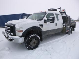 2008 Ford F350 4X4 Flat Deck Truck c/w 6.8L Triton V10, A/T, A/C, Showing 281,183 Kms, 245/75R17 Tires At 90%, Dually, 176 In. W/B c/w 9 Ft. Deck, Side Storage Cabinet, Westeel Road Vault Portable Service Tank, 318L Capacity, Tuthill 12V Pump, Hose, Fill Nozzle, VIN 1FDWW37Y68ED02733 *Note: Check Engine Light On, Hood Release Not Working*