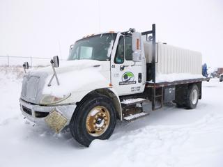 2005 International 4300 SBA 4X2 Flat Deck Truck c/w DT466 Diesel, A/T, A/C,  Showing 218,425 Miles, 11,639 Hours, 480 In. W/B, 11R22.5 Tires, Spring Susp, 15 Ft. 9 In. Deck, Whelen Traffic Advisor, 2000L Poly Water Tank, Water Hose and Reel, VIN 1HTMMAAL25H149283 *Note: Starts With Boost*
