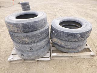 (7) Assorted Tractor Trailer Tires Includes (2) Hankook DW01, Size 11R24.5, (1) Sailun S753, Size 11R24.5, (2) Aeolus HN596, Size 11R22.5, (1) Michelin XZE, Size 11R22.5, (1) Bridgestone R250, Size 11R22.5 (ROW 1)