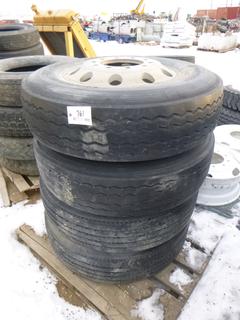 (1) Yokohama RY587 Tire, 295/75R22.5, 50% Life, (2) Kumho KRS02 Tires w/ 10 Stud Dually Rims, 295/75R22.5, 70% Life, (1) Bridgestone R194 Tires w/ 10 Stud Dually Rims, 25% Life (ROW 1)